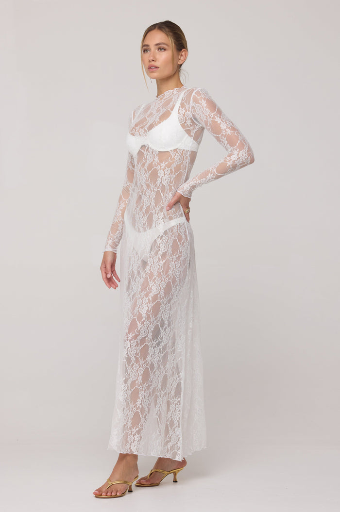 This is an image of Lyon Lace Dress in White Lace - RESA featuring a model wearing the dress