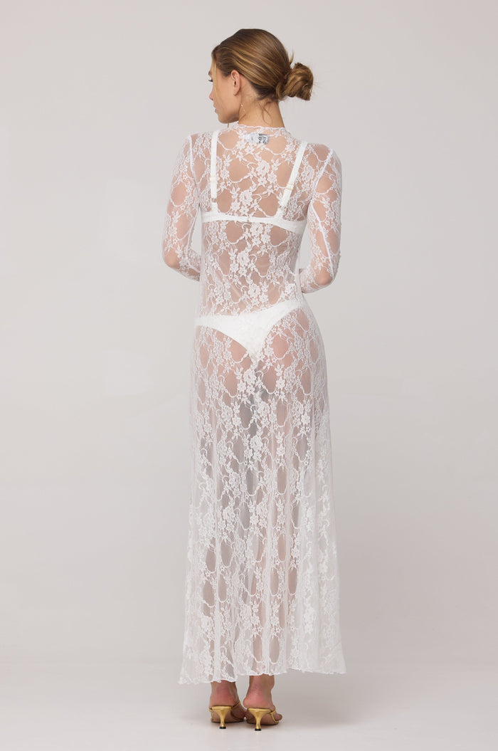 This is an image of Lyon Lace Dress in White Lace - RESA featuring a model wearing the dress