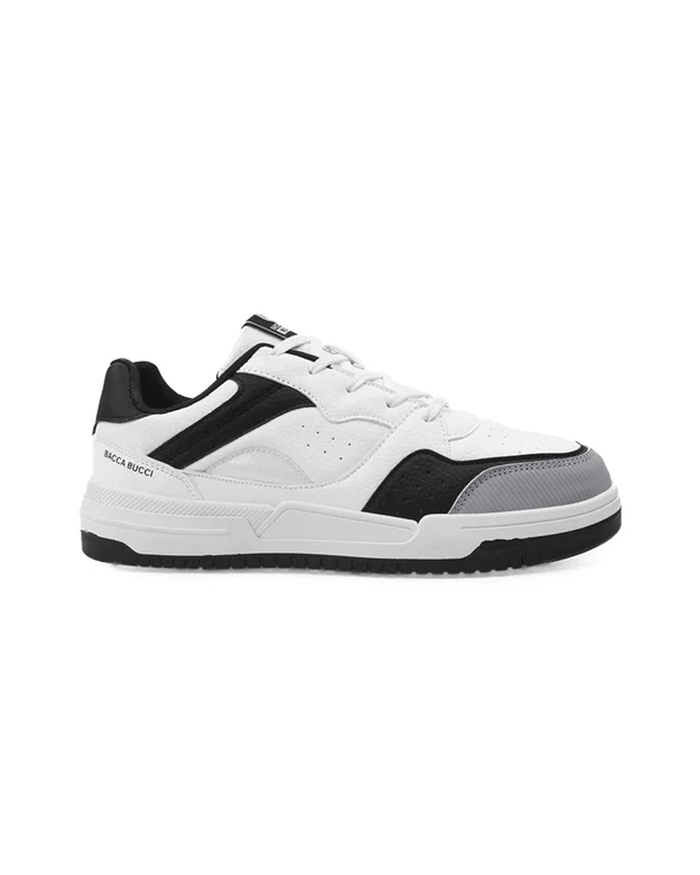Bacca Bucci white and black sneaker on a white background.