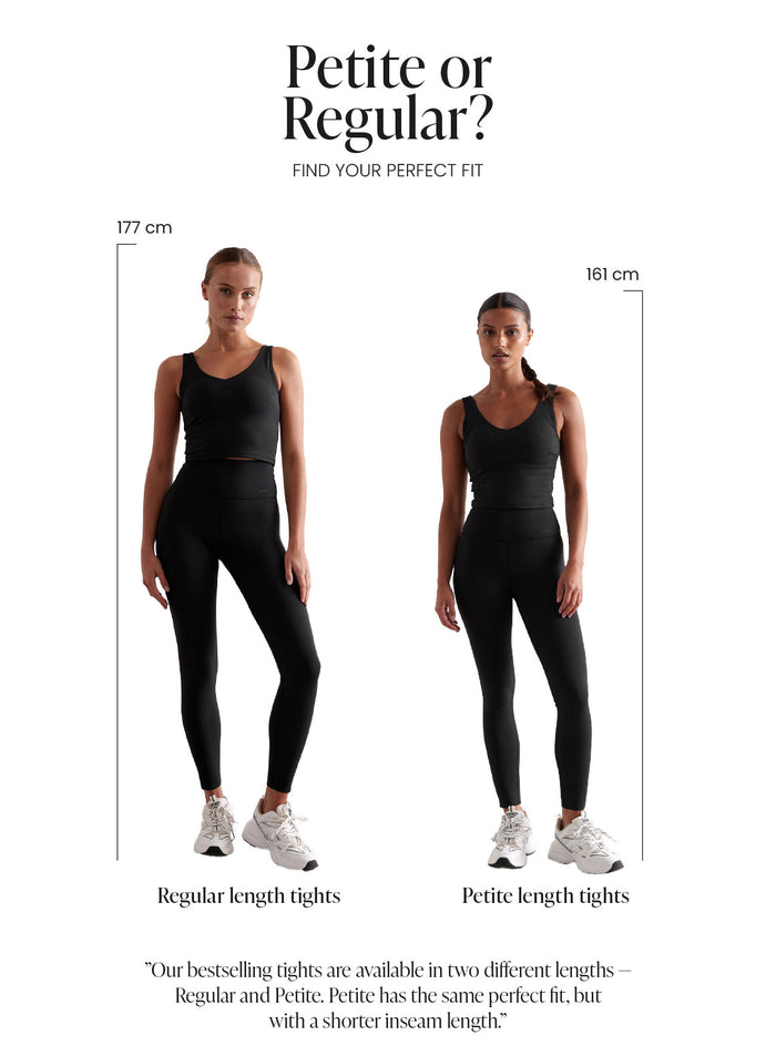 Mustat korkeavyötäröiset aim'n Shape Seamless Tights -trikoot vertailussa regular- ja petite-pituuksina.