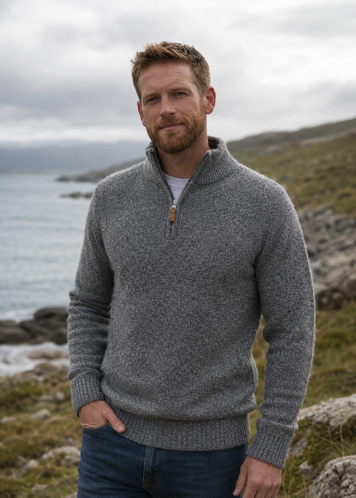 Men's 100% Lambswool Quarter Zip Sweater - Pepper Marl