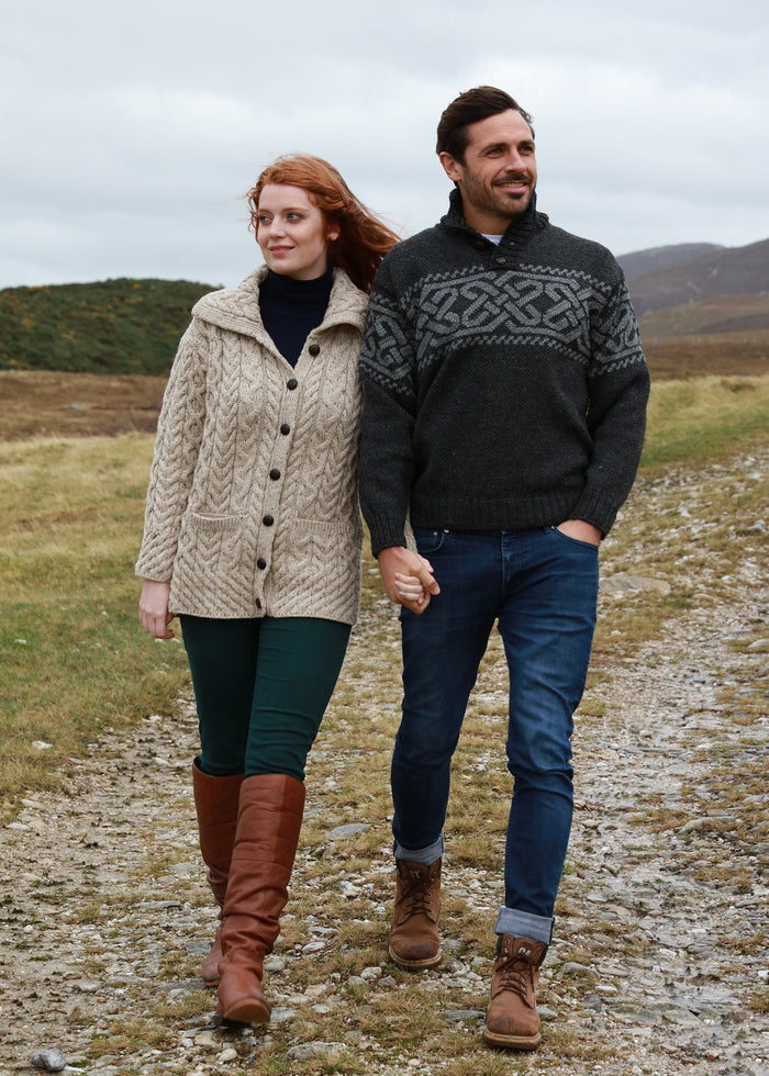 Men's Celtic Pattern Troyer Sweater | 100% Wool | Charcoal