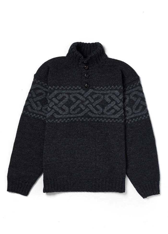 Men's Celtic Pattern Troyer Sweater | 100% Wool | Charcoal