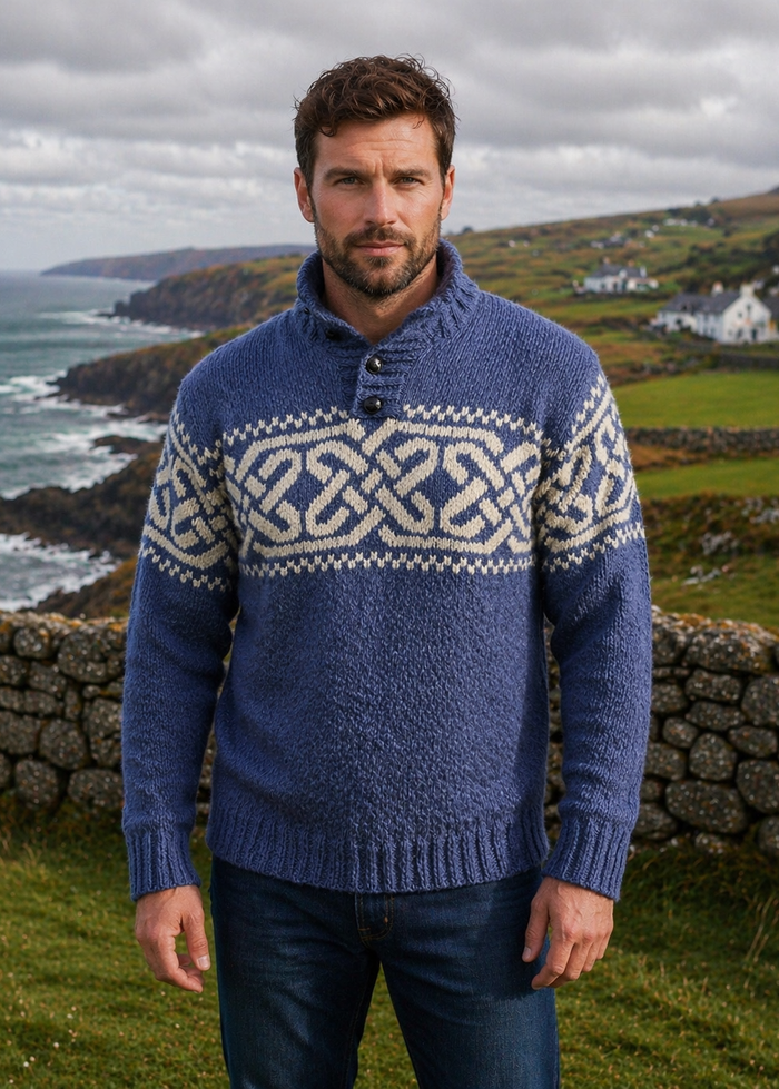 Men's Celtic Pattern Troyer Sweater | 100% Wool | Denim