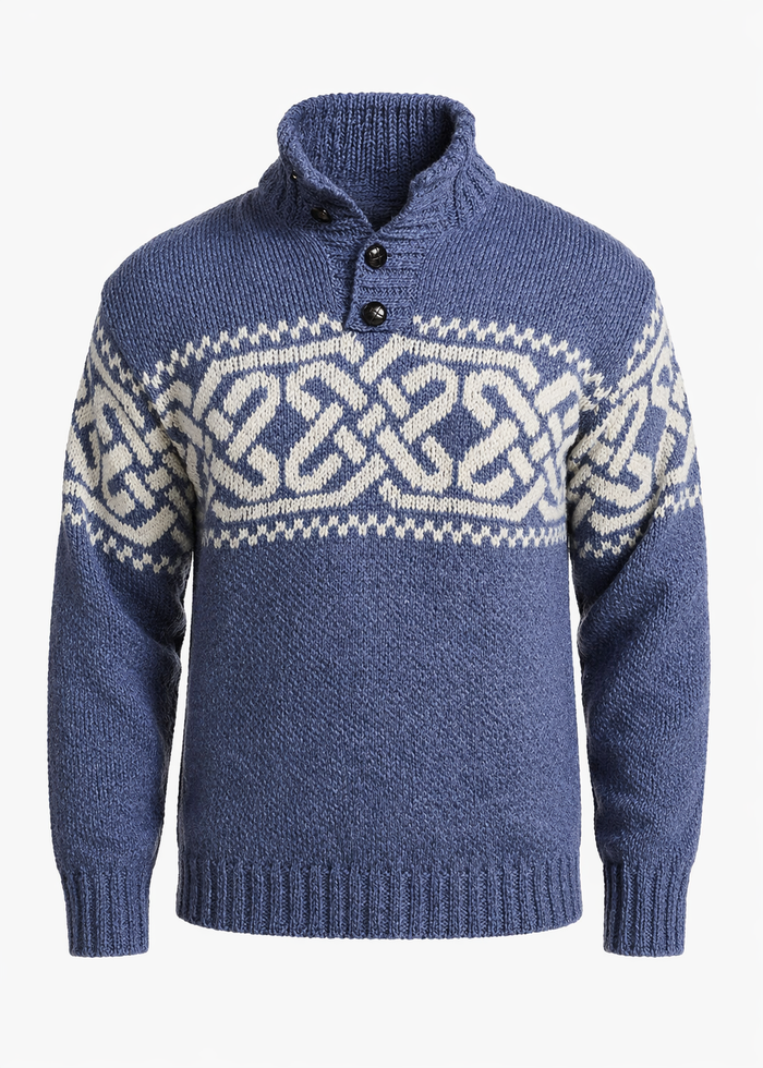 Men's Celtic Pattern Troyer Sweater | 100% Wool | Denim