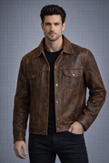 Men's Distressed Brown Leather Trucker Jacket