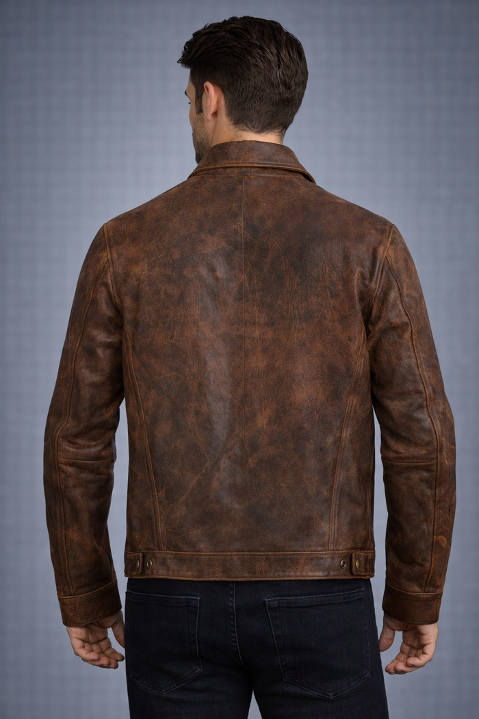 Men's Distressed Brown Leather Trucker Jacket