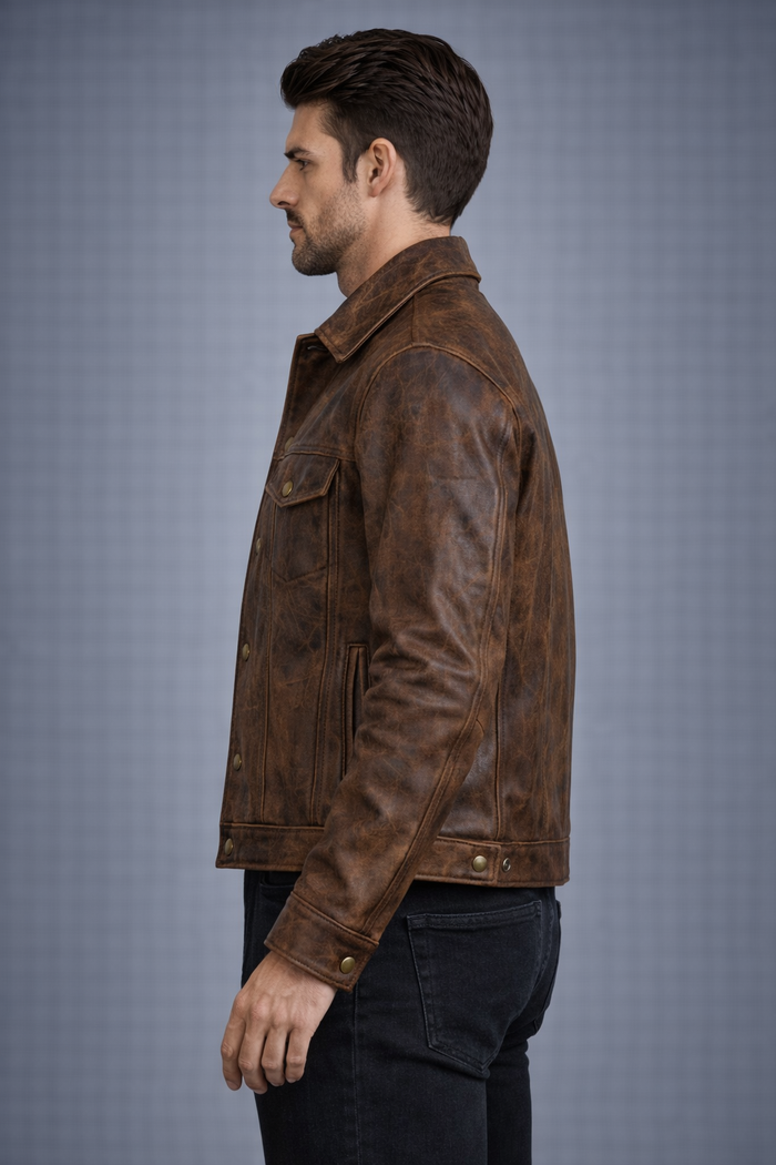 Men's Distressed Brown Leather Trucker Jacket