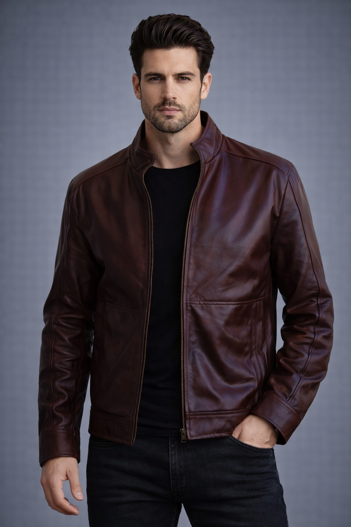 Men's Distressed Maroon Red Leather Jacket