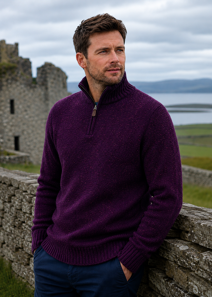 Men's Donegal Merino Wool Half-Zip Jumper | Bordeaux - Clearance