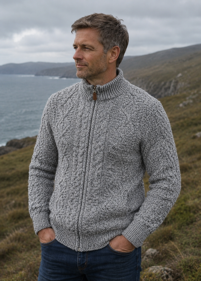 Mens Full Zip Merino Wool Aran Cardigan | Charcoal Marl