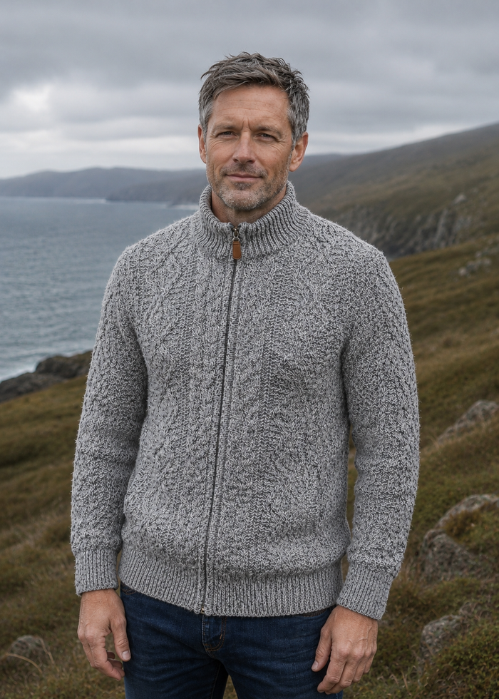 Mens Full Zip Merino Wool Aran Cardigan | Charcoal Marl
