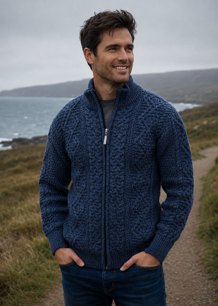 Mens Full Zip Merino Wool Aran Cardigan | Denim