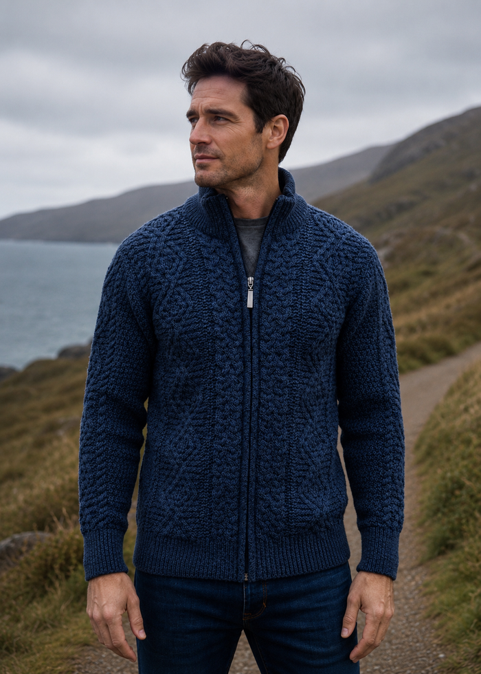 Mens Full Zip Merino Wool Aran Cardigan | Denim