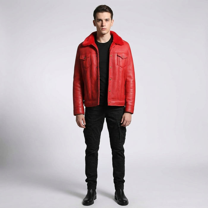 Men’s Red Shearling Leather Trucker Jacket – Winter Sherpa Lined Coat