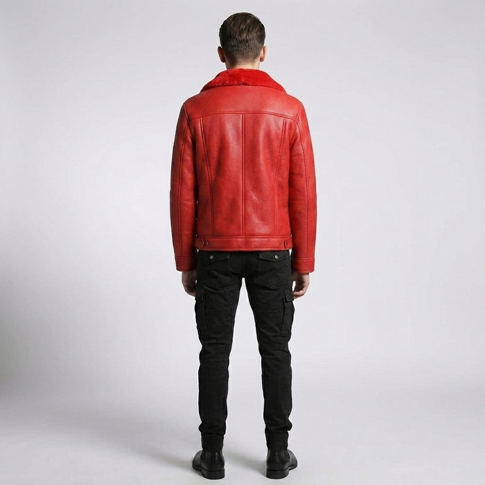 Men’s Red Shearling Leather Trucker Jacket – Winter Sherpa Lined Coat