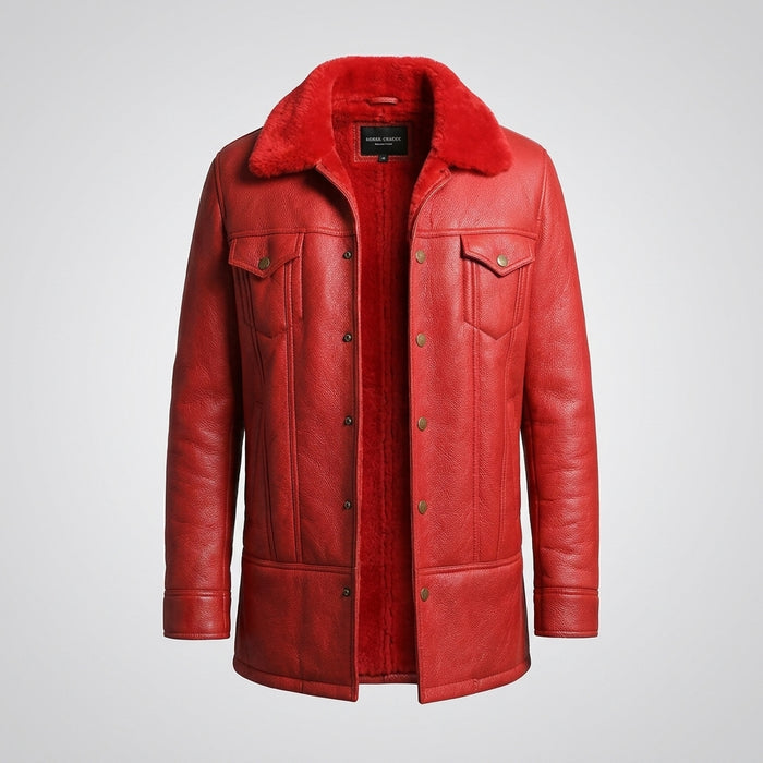 Men’s Red Shearling Leather Trucker Jacket – Winter Sherpa Lined Coat