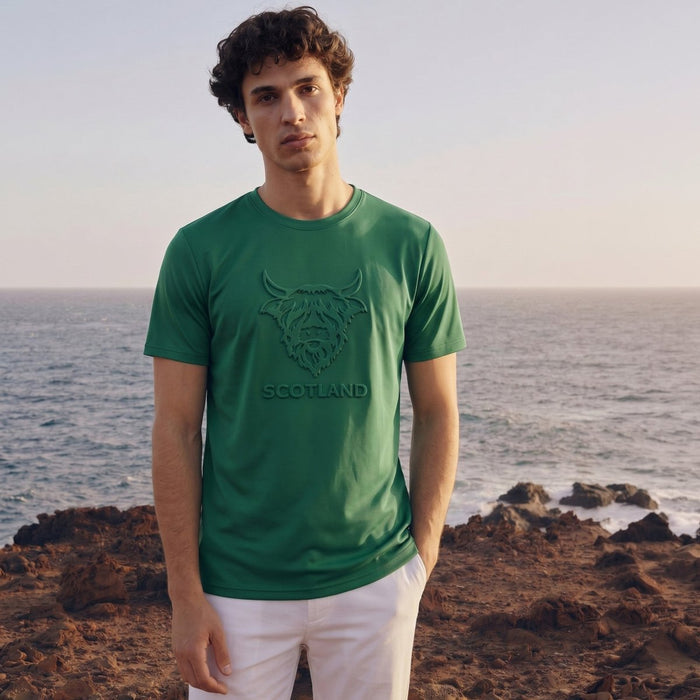 Men's Scotland Cow Embossed T-Shirt Green - Heritage Of Scotland - S