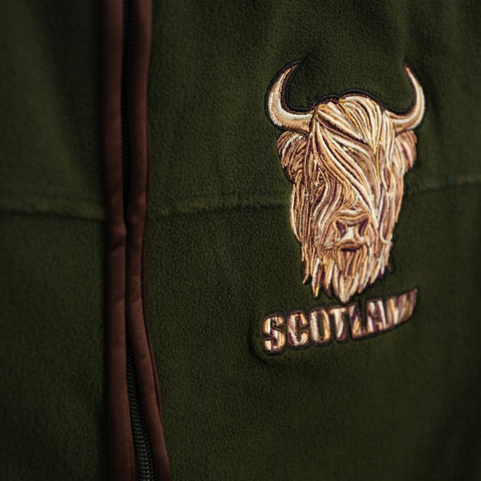 Men’s Scotland Highland Cow Gilet Green – Fleece Zip Vest with Embroidery - Heritage Of Scotland - L