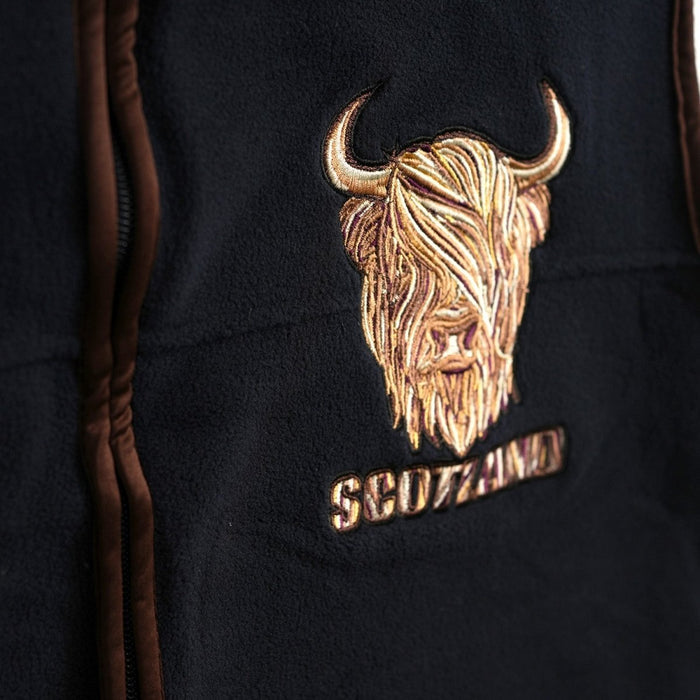 Men’s Scotland Highland Cow Gilet Navy – Fleece Zip Vest with Embroidery - Heritage Of Scotland - L