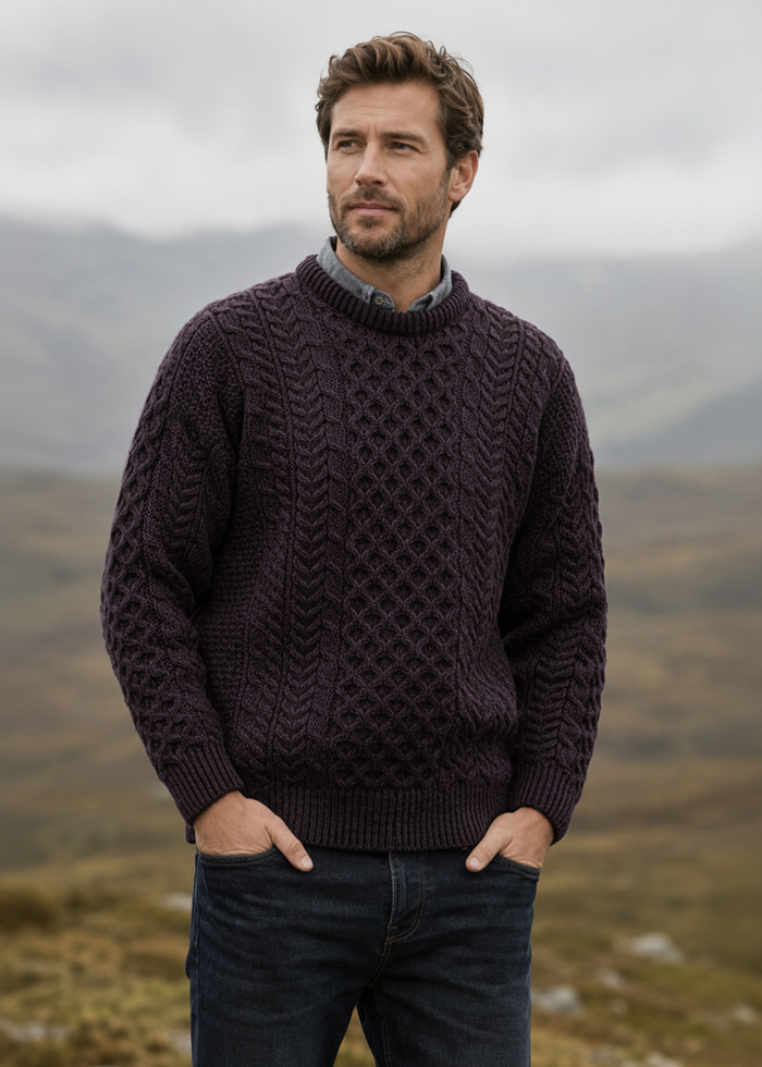 Men's Traditional Aran Merino Wool Sweater | Velvet Plue