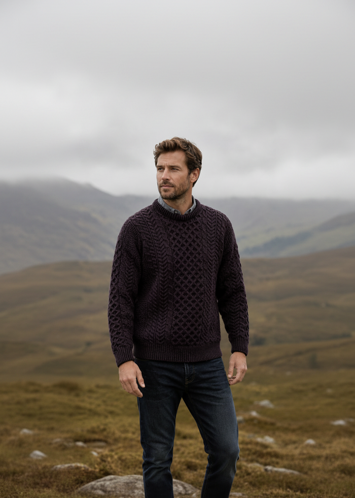 Men's Traditional Aran Merino Wool Sweater | Velvet Plue