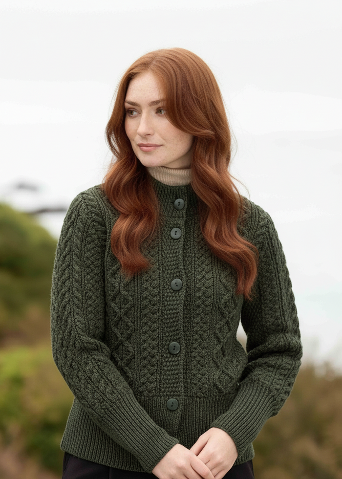 Merino Wool Short Aran Cardigan | Army Green