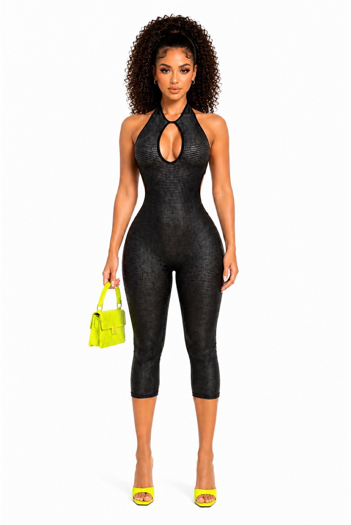 Midnight Pressure -Textured Halter Back Cut Out Capri Romper Stretch Fit