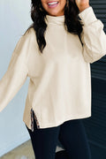 Mock Neck Long Sleeve Leopard Detail Split Hem Top – Beige