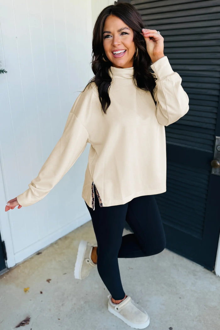 Mock Neck Long Sleeve Leopard Detail Split Hem Top – Beige