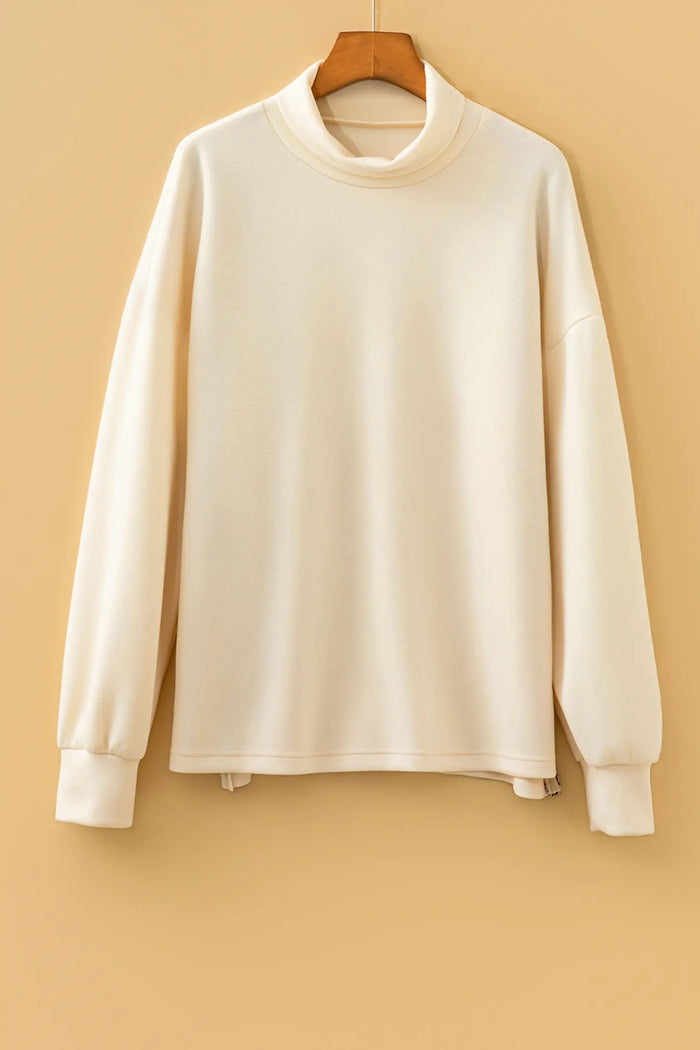 Mock Neck Long Sleeve Leopard Detail Split Hem Top – Beige