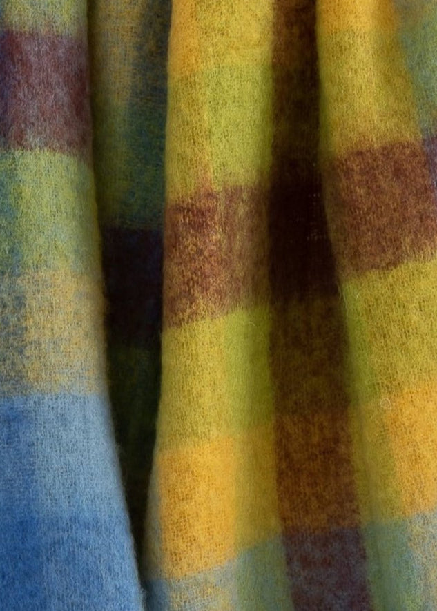 Mohair Throw Blue Yellow Lime Brown Blocks
