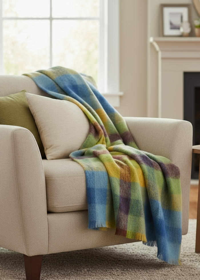 Beige armchair with a colorful plaid blanket draped over it in a cozy living room setting.