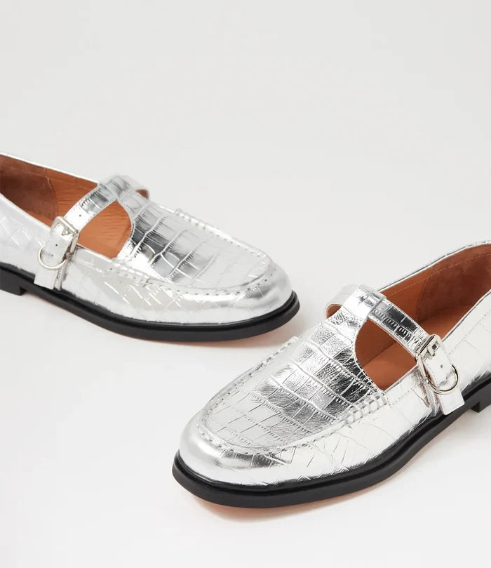 Mollini  GAHLA Silver Shine Croc Leather Loafers - Crush Marketplace