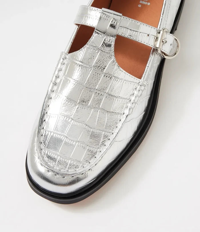 Mollini  GAHLA Silver Shine Croc Leather Loafers - Crush Marketplace