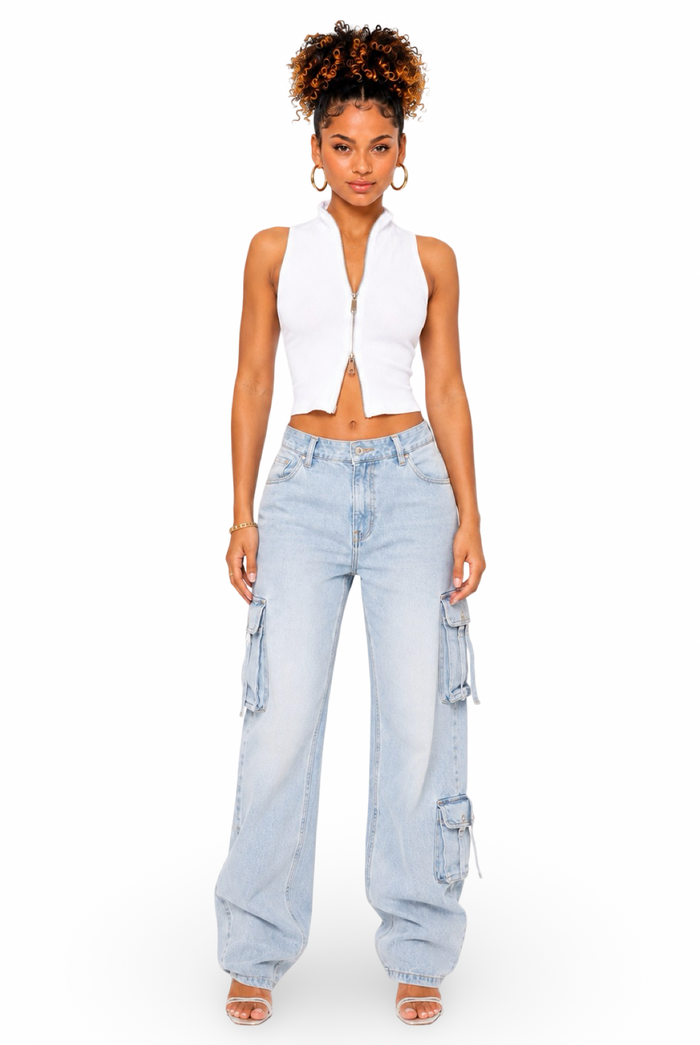 Molly - Women's Mock Neck Front Double Side Zipper Sleeveless Crop Top
