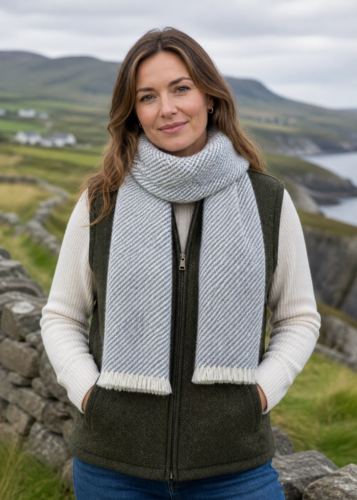 Mucros Aran Scarf | Merino Wool Alpaca Scarf | Denim Mix