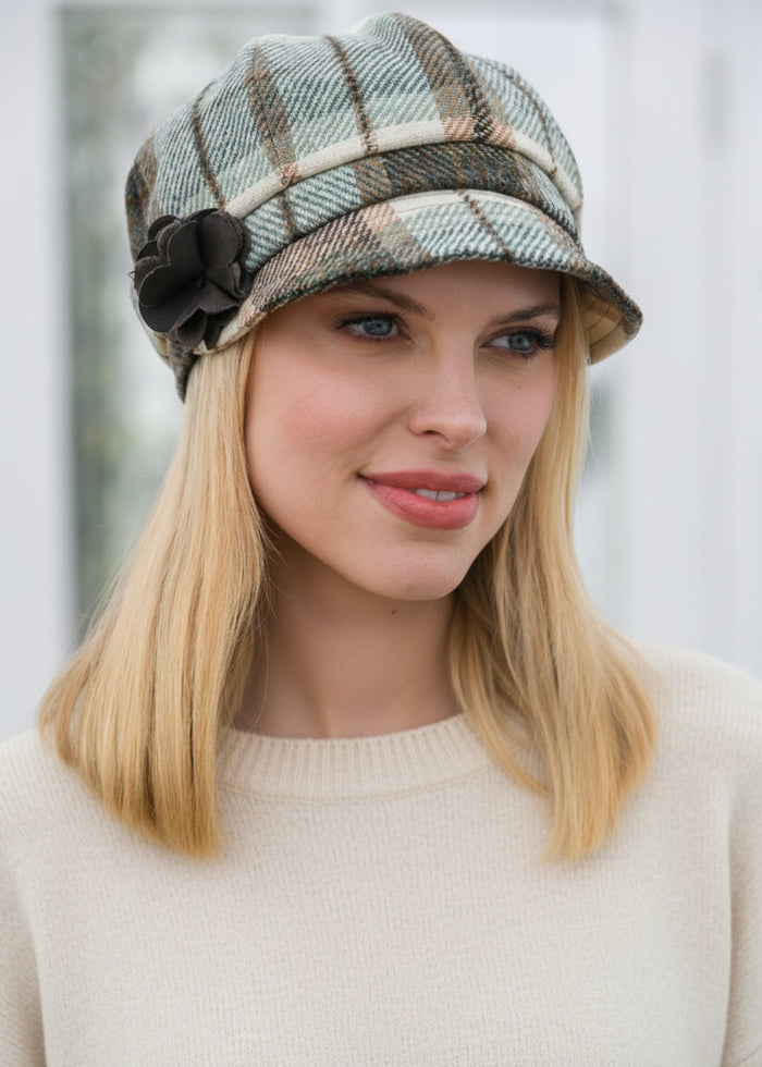 Ladies Mucros Newsboy Cap | Natural Oatmeal Check