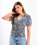 Navy Animal Printed Ruched Top