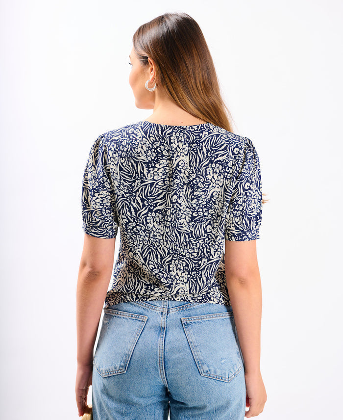 Navy Animal Printed Ruched Top