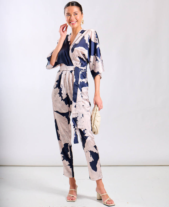 Navy Leaf Kimono Sleeve Jumpsuit