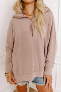 Oatmeal Twist Ribbed Zipper Collar Drop Shoulder Long Sleeve Top – Beige