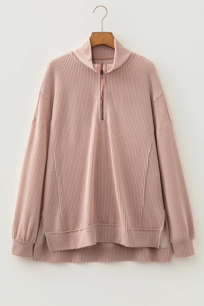 Oatmeal Twist Ribbed Zipper Collar Drop Shoulder Long Sleeve Top – Beige