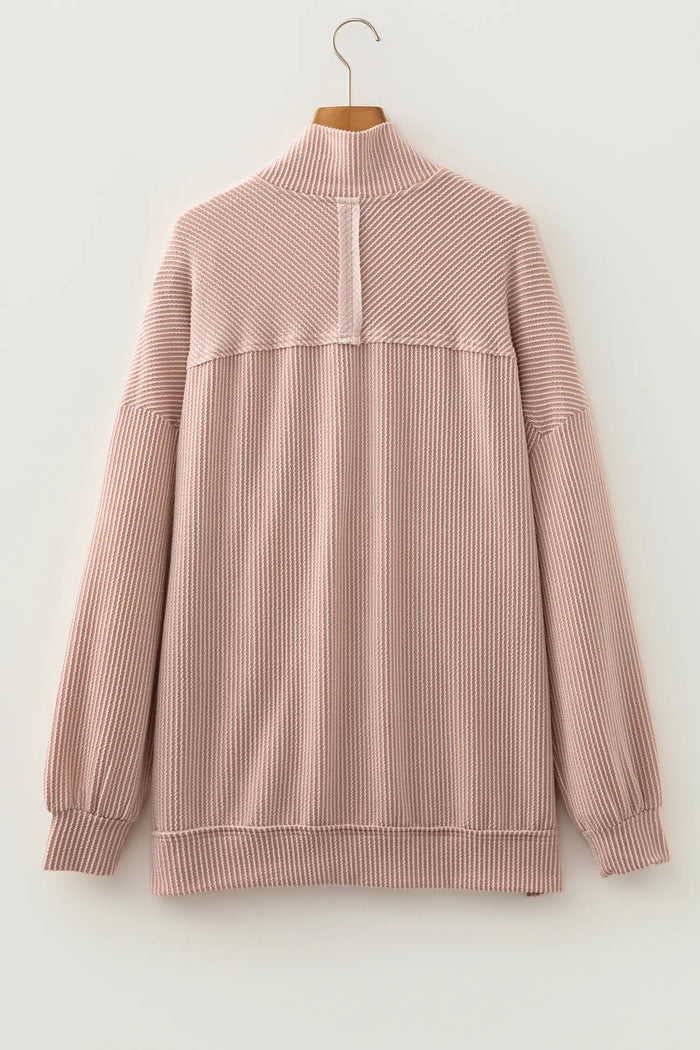 Oatmeal Twist Ribbed Zipper Collar Drop Shoulder Long Sleeve Top – Beige