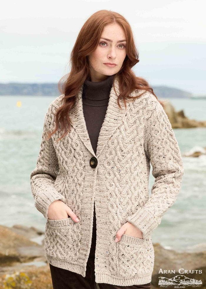 One Button Merino Wool Aran Hearts Cardigan | Oatmeal