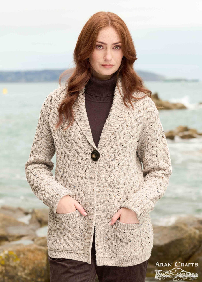 One Button Merino Wool Aran Hearts Cardigan | Oatmeal