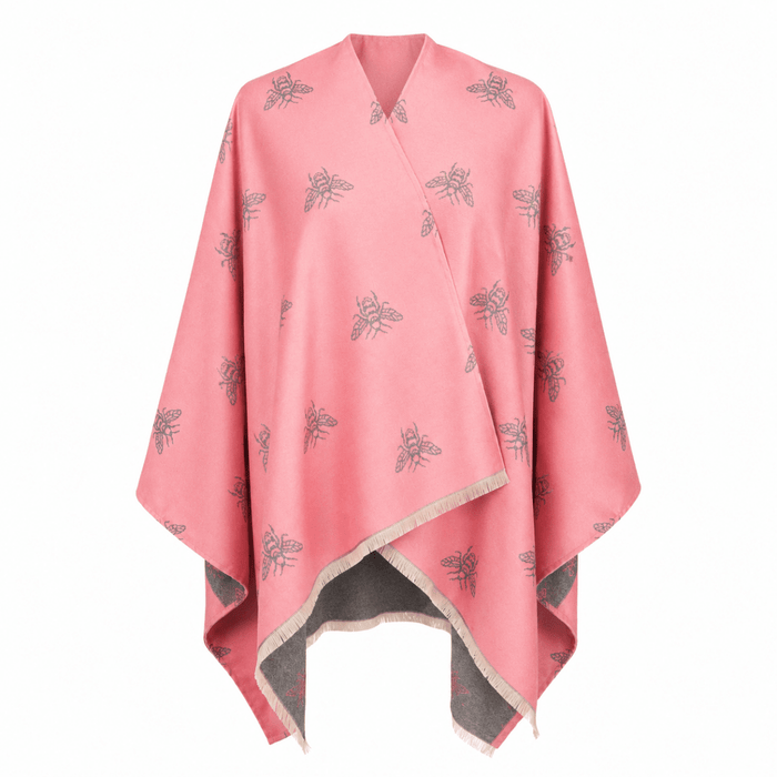Pink Bee Print Reversible Wrap Cape for Women - DUSKY PINK - Heritage Of Scotland -