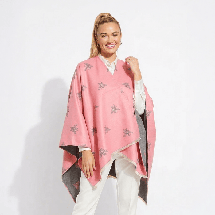Pink Bee Print Reversible Wrap Cape for Women - DUSKY PINK - Heritage Of Scotland -