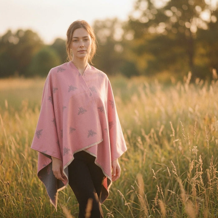 Pink Bee Print Reversible Wrap Cape for Women - DUSKY PINK - Heritage Of Scotland -