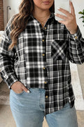 Plaid Long Sleeve V Neck Shift Plus Size Shirt Jacket – Black